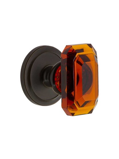 Grandeur Circulaire Rosette Door Set with Amber Crystal-Glass Baguette Knobs in Timeless Bronze.